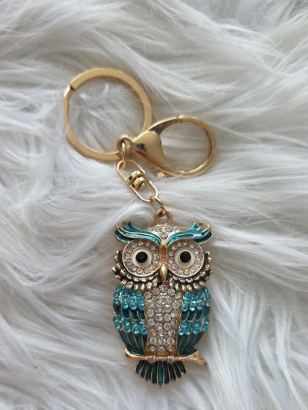 Gold-Tone Teal Crystal Owl Keychain - Fashion Accessory
